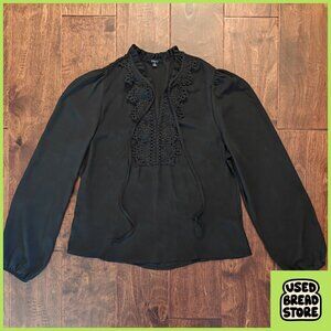 Sheer Black Blouse Long Balloon Sleeve Ruffle Lace Collar Tie Size S Whimsygoth